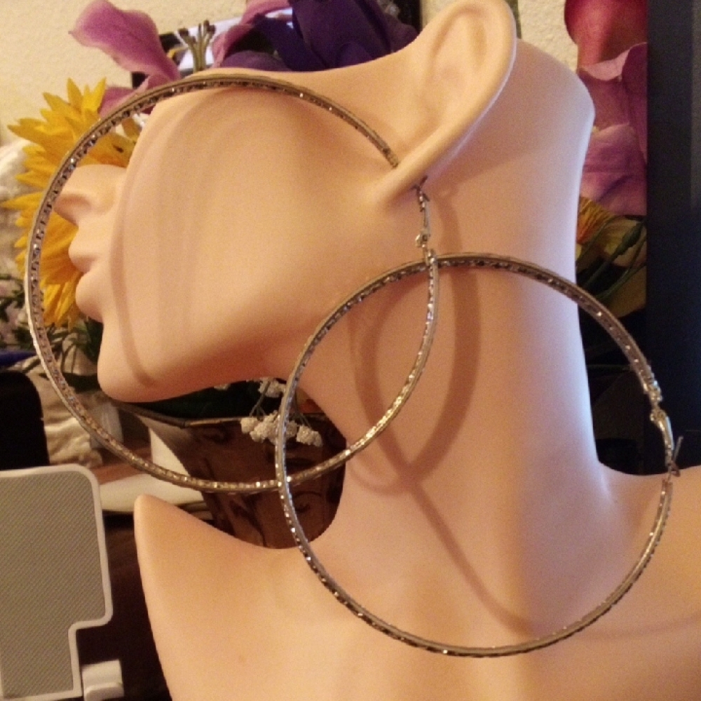 Silver Textured Oversized Hoop Earrings - Women Jewelry